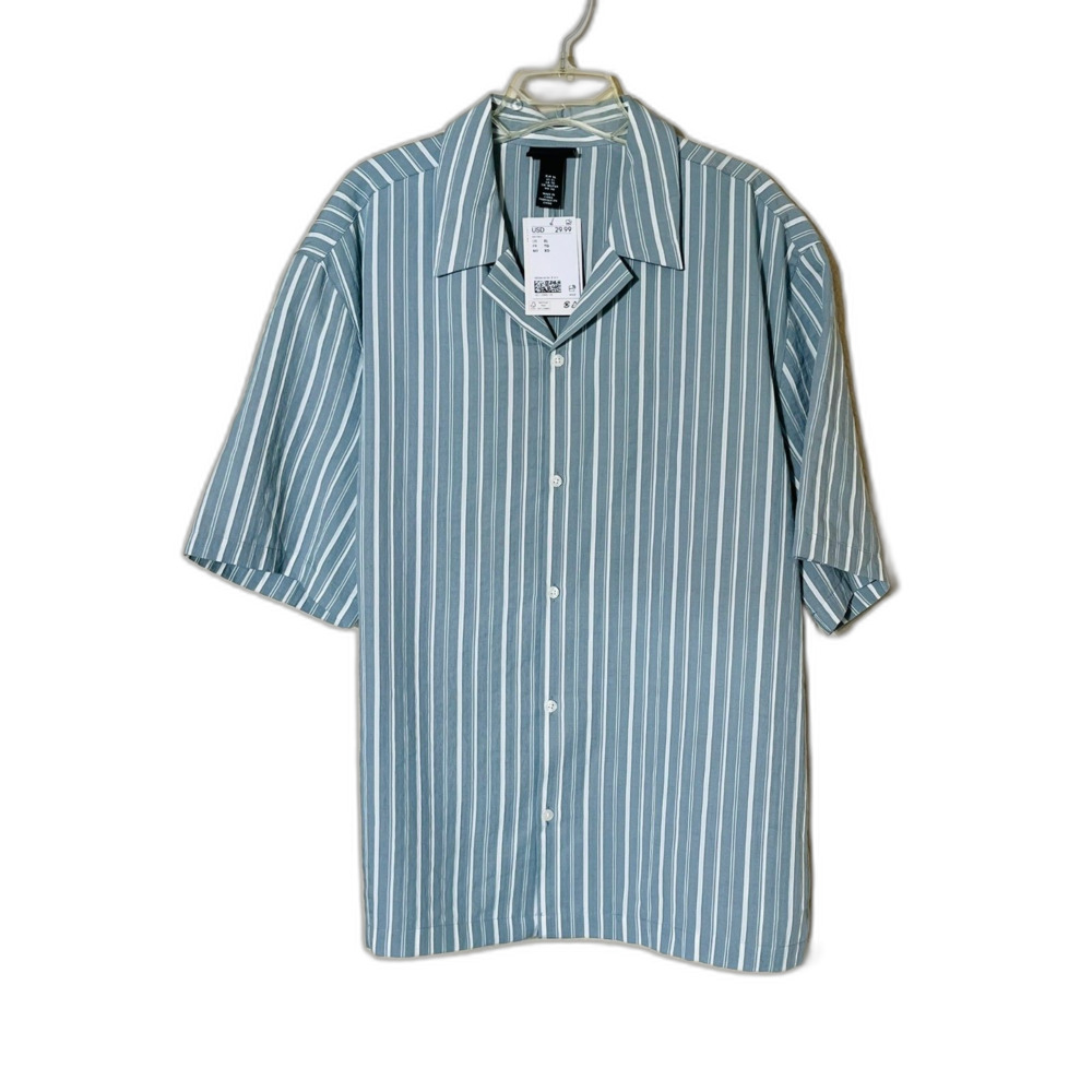 NWT H&M Mens Short Sleeve Blue White Lyocell Button Down XL Beachy Preppy $40